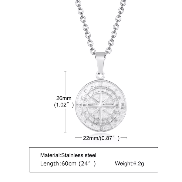 Stainless Steel Compass Pendant Necklace for Men in Gold, Black, and Silver