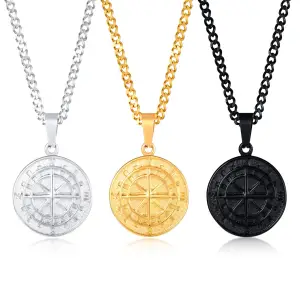Stainless Steel Compass Pendant Necklace for Men in Gold, Black, and Silver