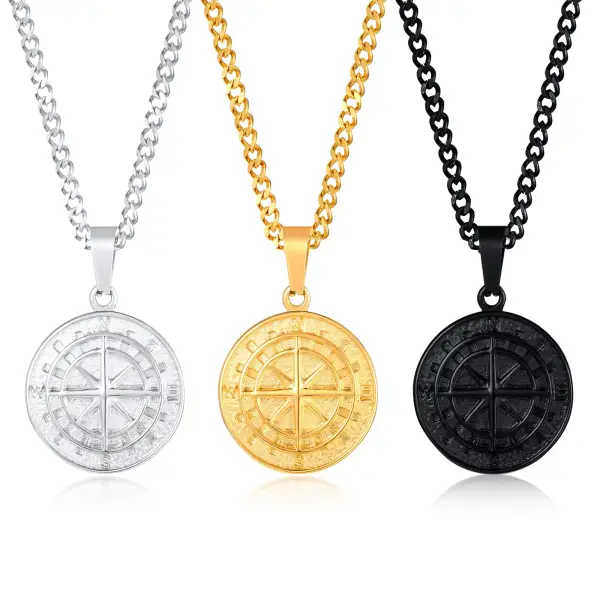 Stainless Steel Compass Pendant Necklace for Men in Gold, Black, and Silver