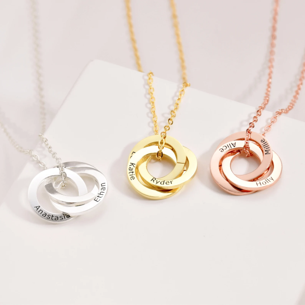 Stainless Steel Interlocking Circle Name Necklace in Gold, Rose Gold, and Silver